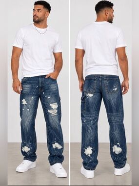 Nova Men Distressed Paint-Splatter Carpenter Jeans - Blue